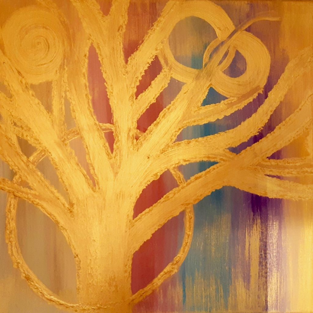 Reza Nassrollahi, "Golden Tree of Life" (2019; Acrylic and Gold on Canvas)
